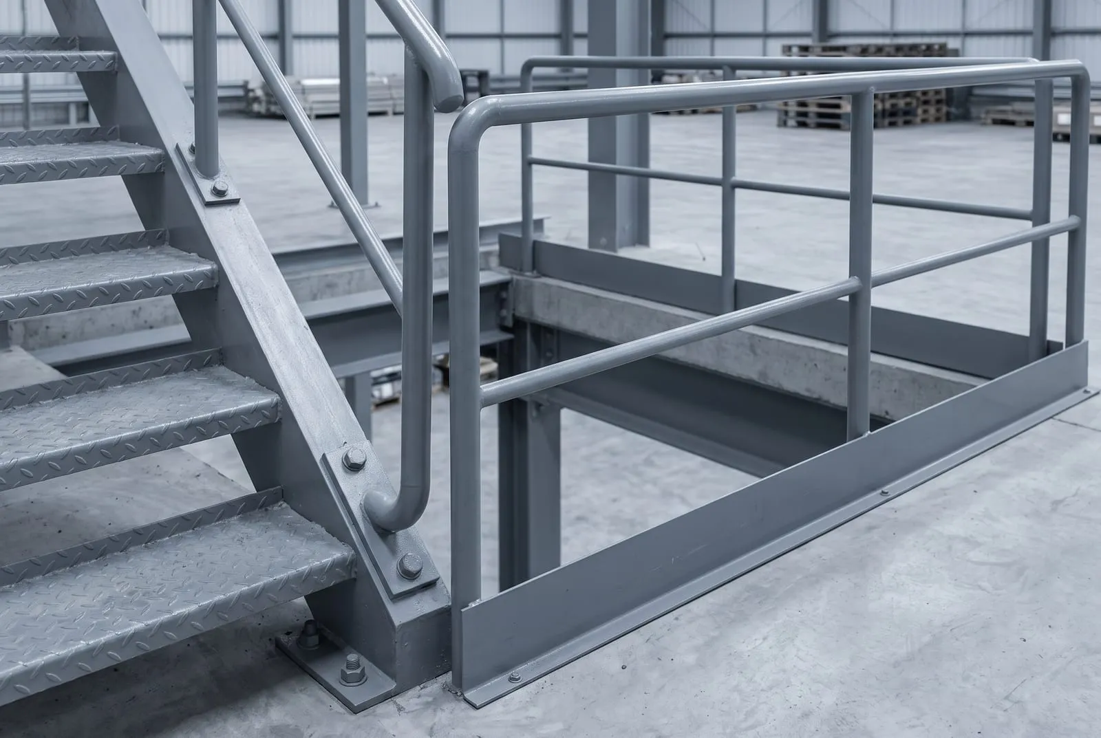 Detail tangga baja dan pagar pengaman mezzanine dengan pelat injak berpola.
