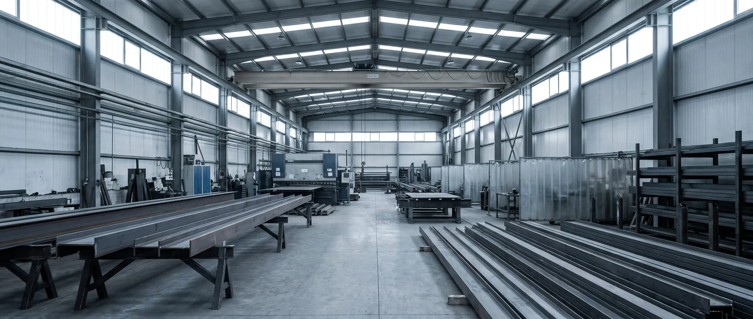 Bagian dalam workshop fabrikasi: jalur perakitan profil baja, crane di atas rel, dan area penyimpanan material di sepanjang dinding.